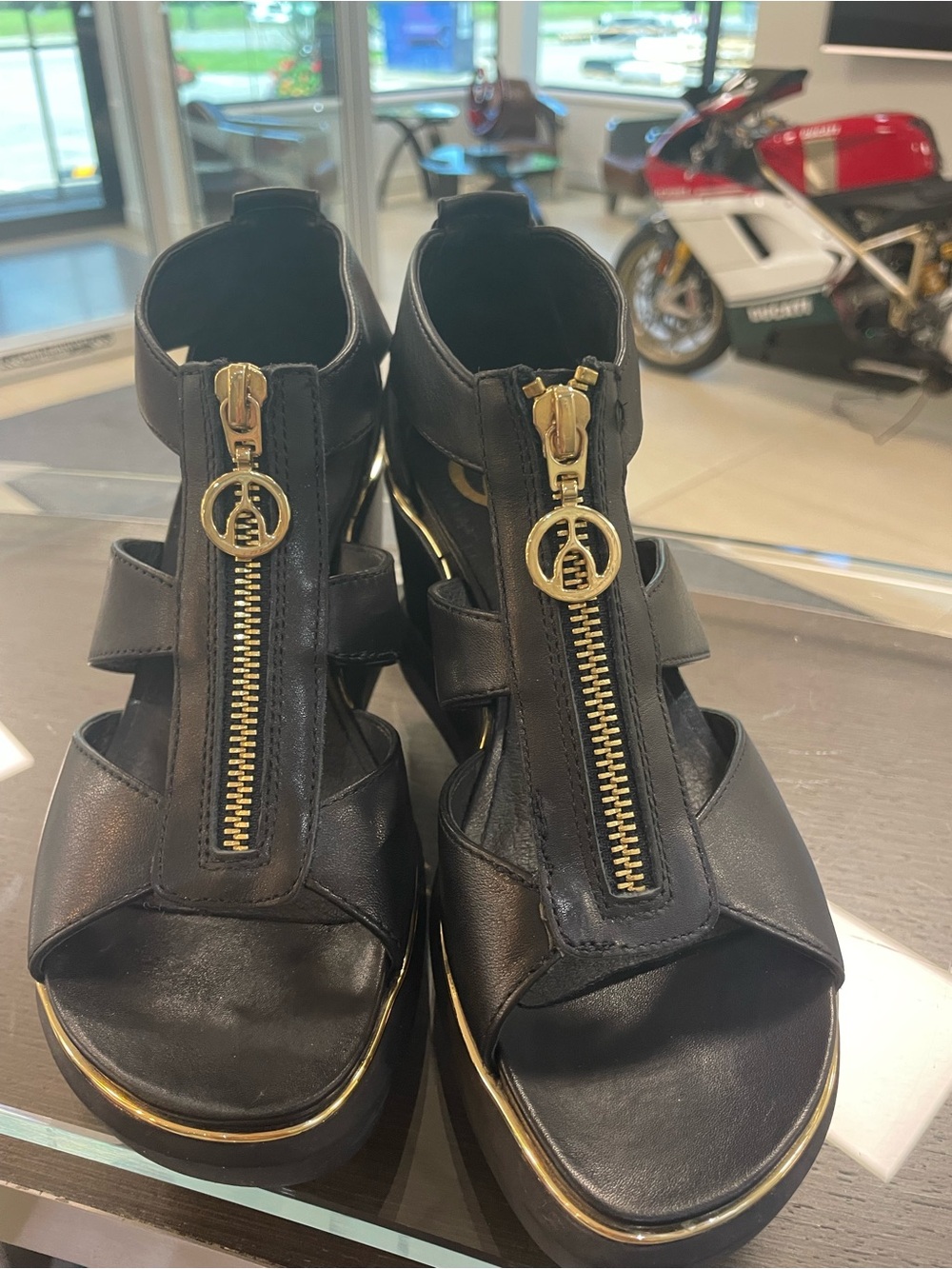 Black Wedge Sandals with Gold Zipper Accents